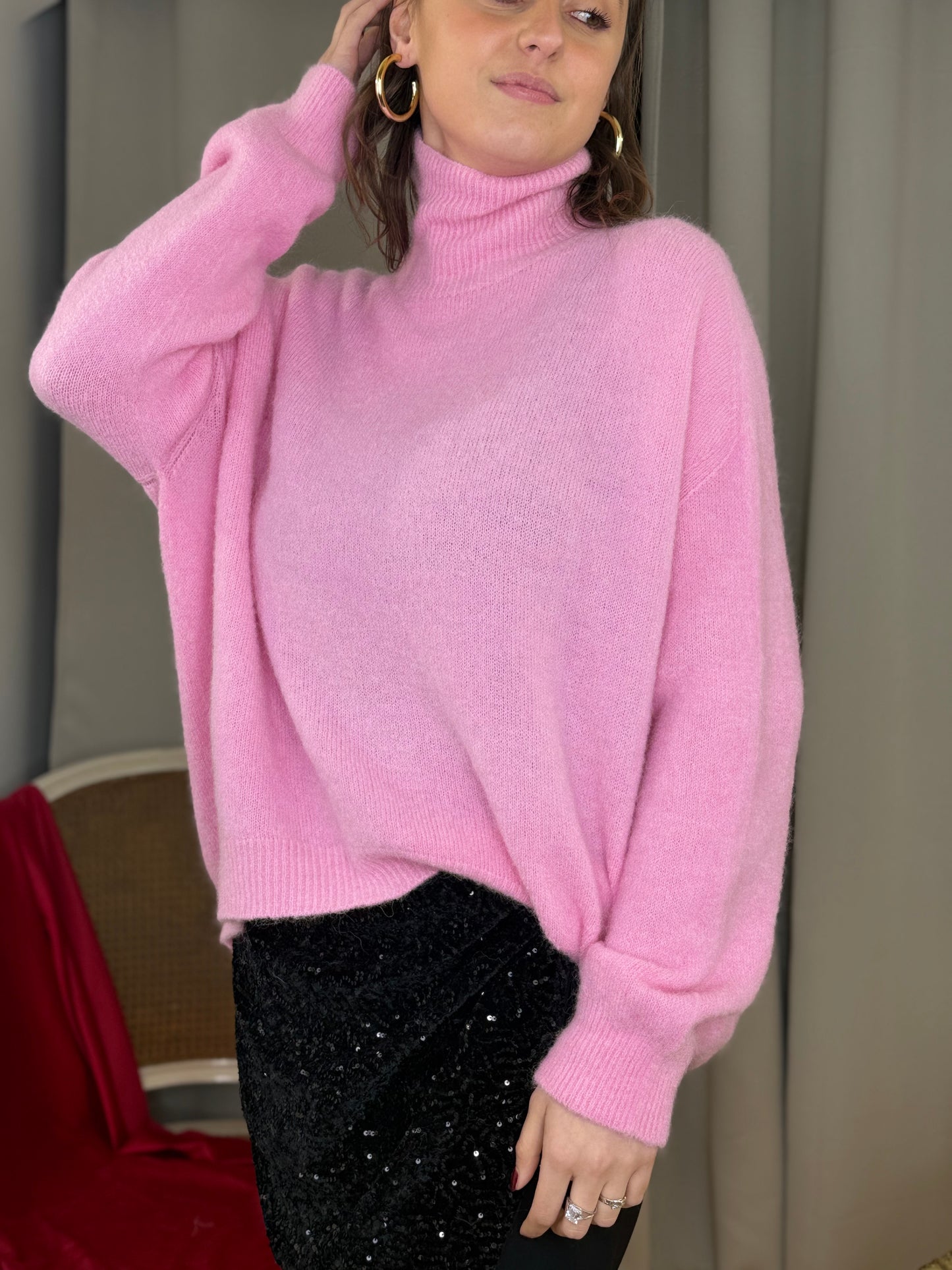 Maglia collo rialzato in baby alpaca ROSA