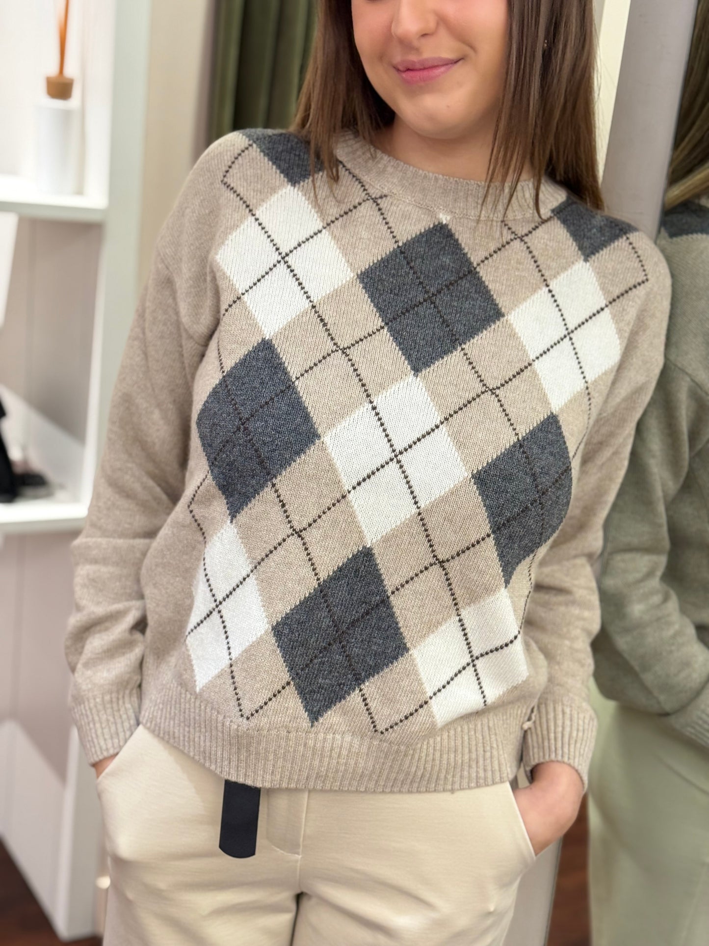 Tensione In Maglia paricollo rombi BEIGE/PANNA/ANTRACITE