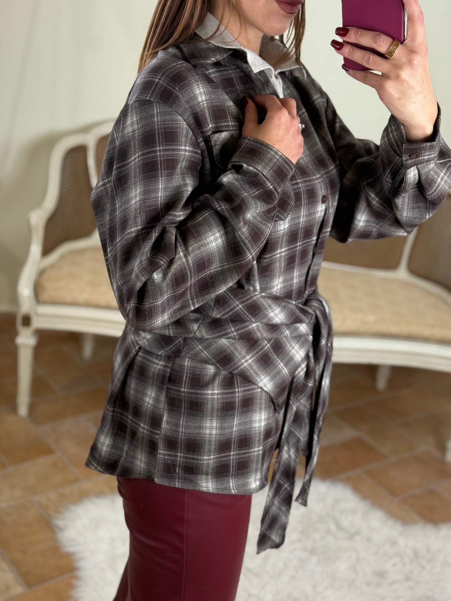 Camicia NINA quadri con fusciacca MORO/PANNA