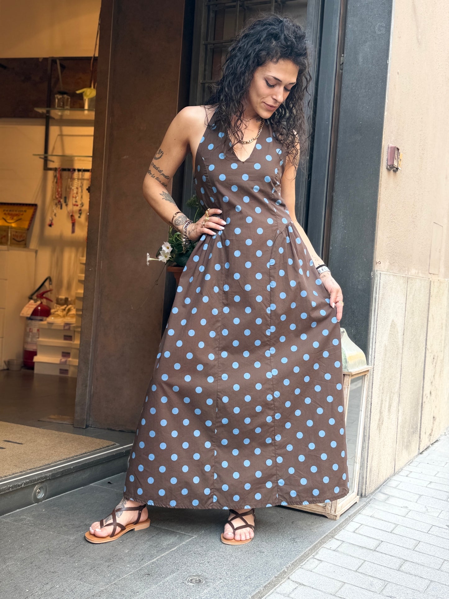 Abito lungo a pois Moro/Denim