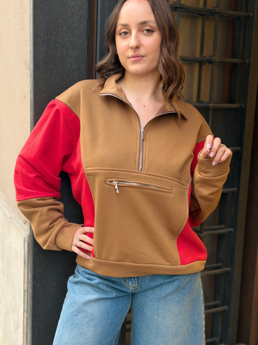 Tensione in Felpa bicolore con zip Rosso/tabacco
