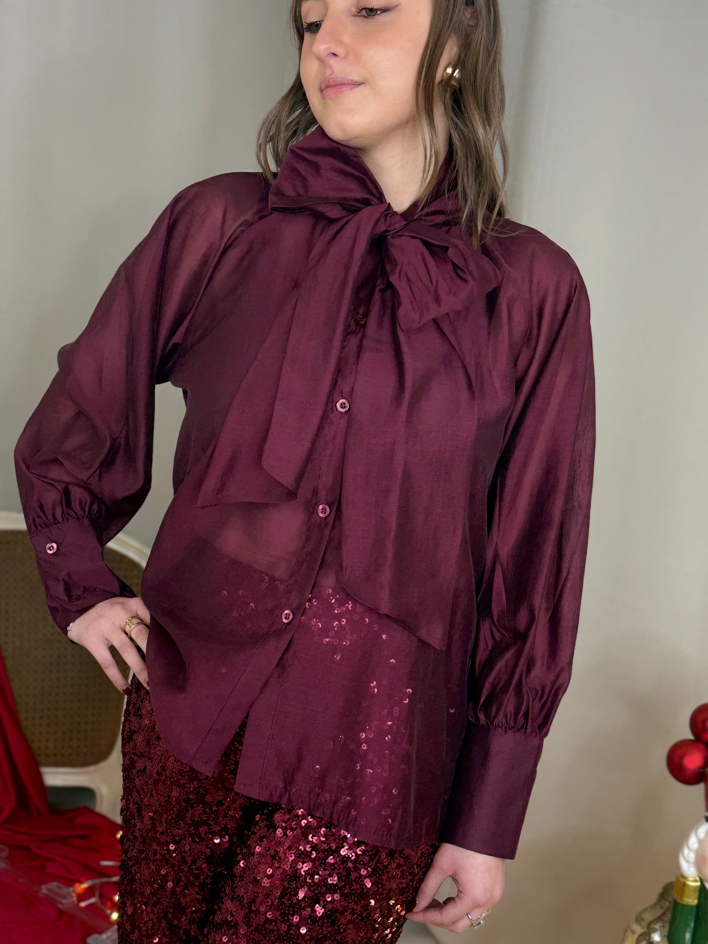 Camicia in tencel con fiocco BORDEAUX