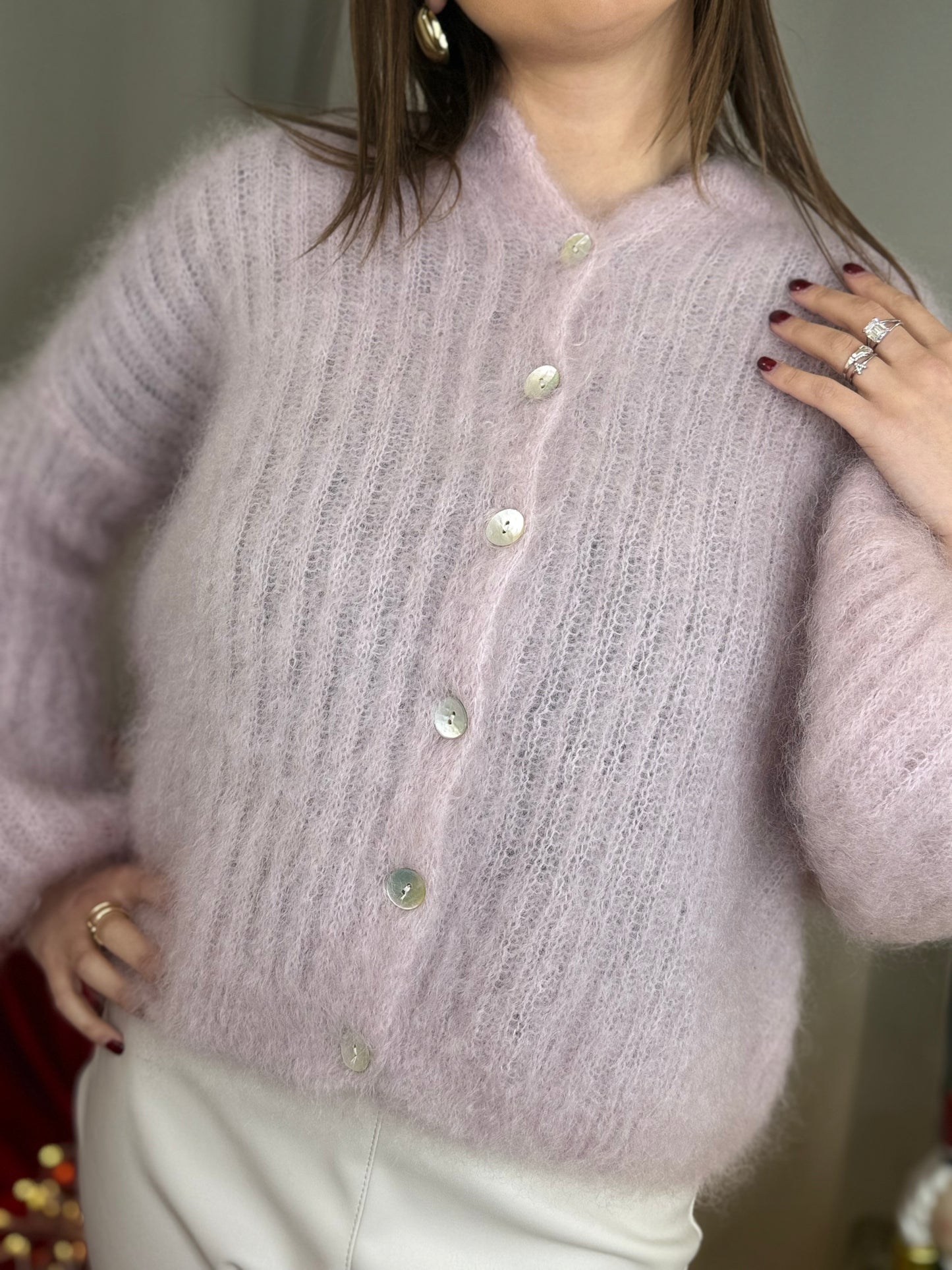 Cardigan in Kid Mohair ROSA con bottoni madreperla