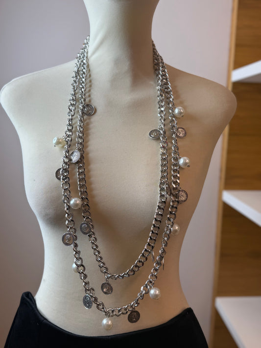 Collana/Cintura catena in ARGENTO con perle e monete