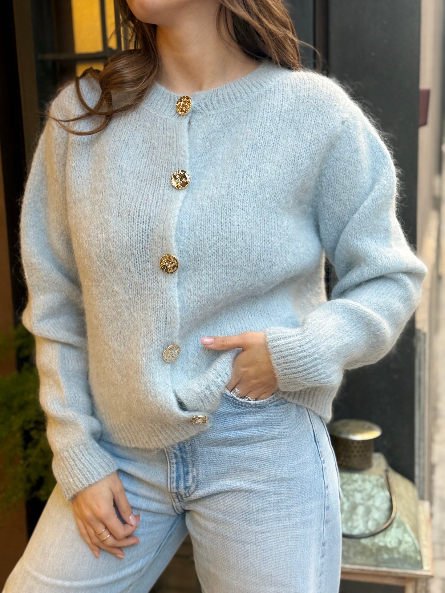 Cardigan DENISE paricollo con bottoni gioiello oro CELESTE
