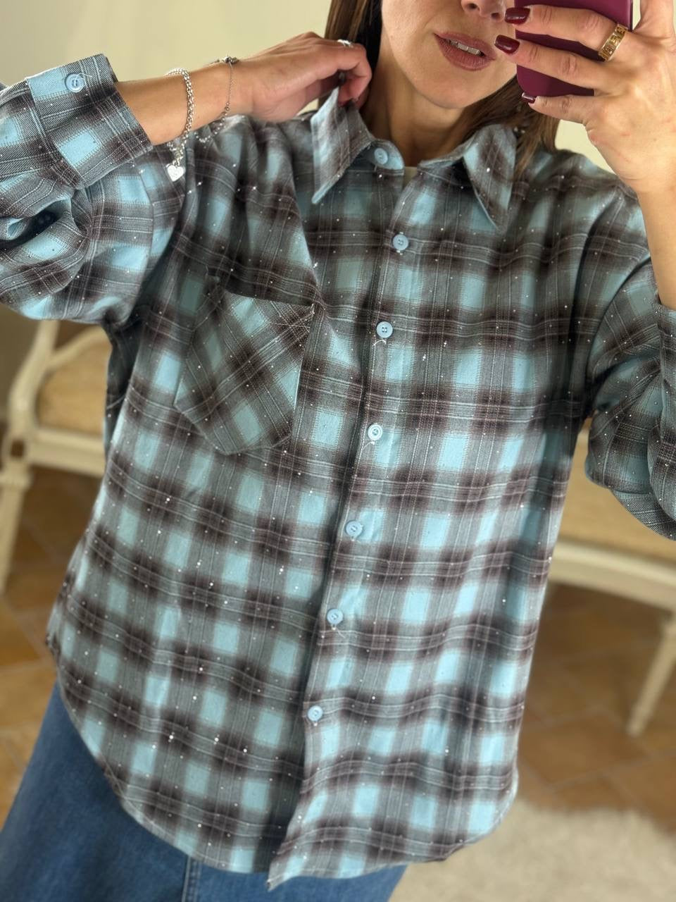 Camicia JOY quadri con punti luce CELESTE/MORO