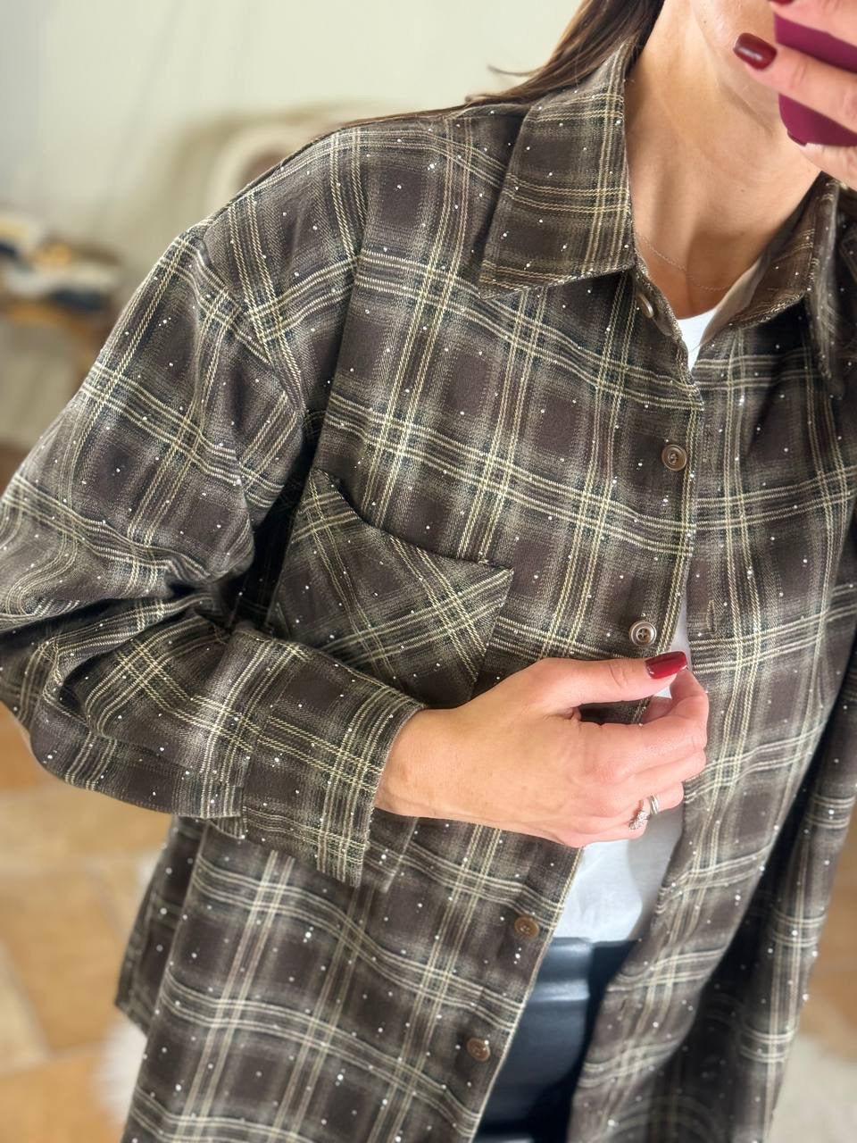 Camicia JOY quadri con punti luce MORO/BEIGE