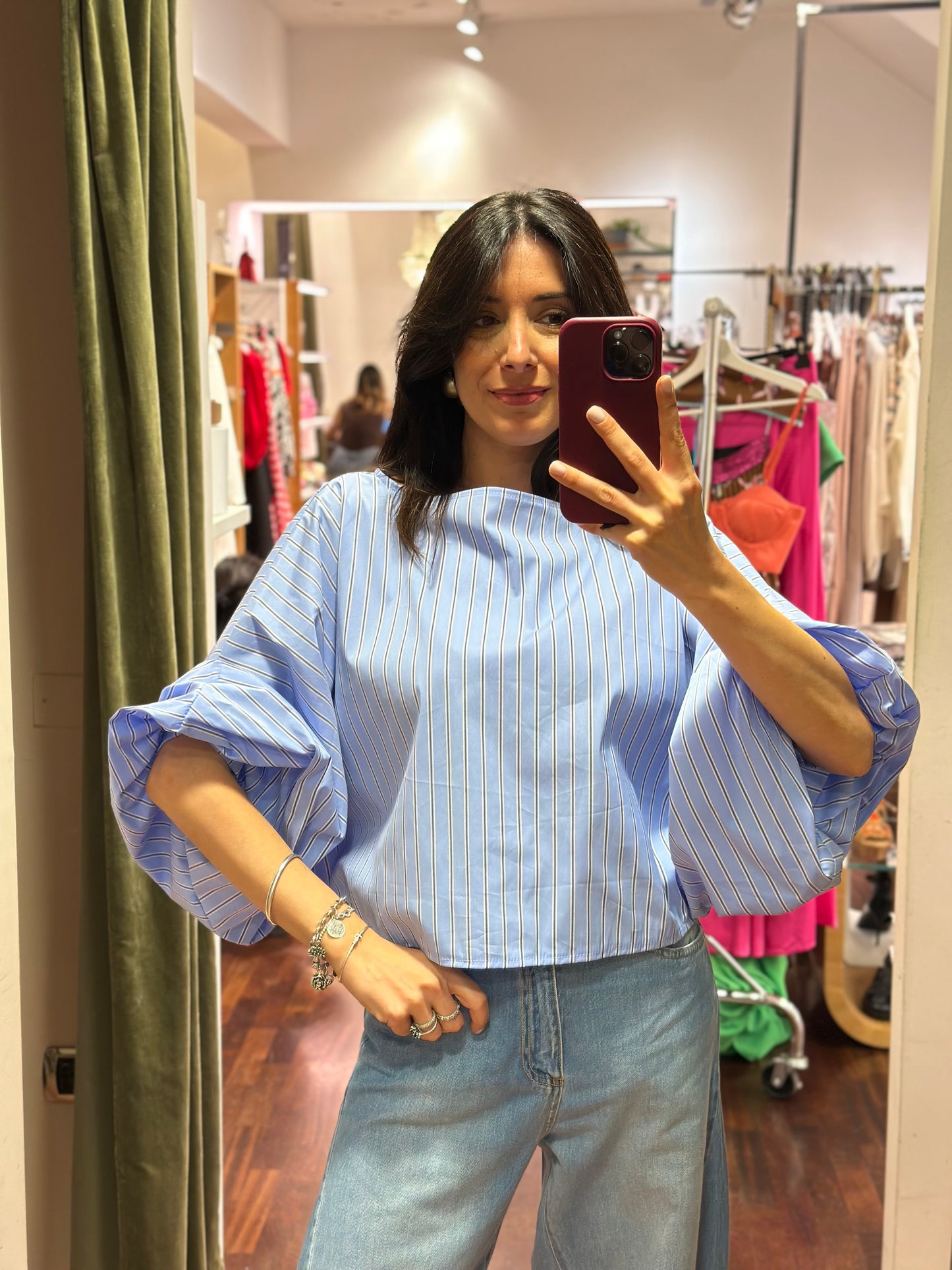 Blusa INES a righe celeste/moro manica a palloncino
