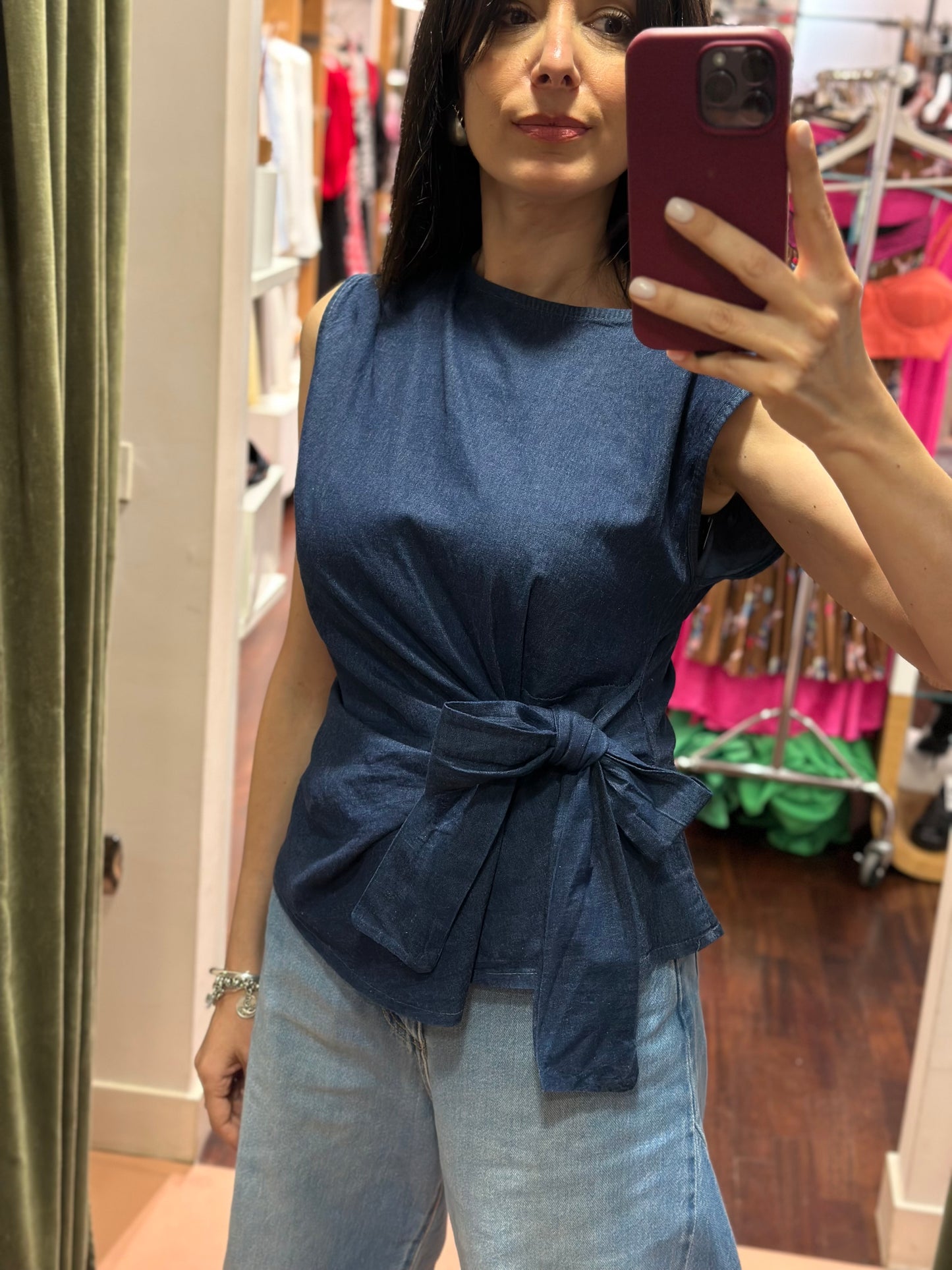 Top con fiocco laterale in denim chambray