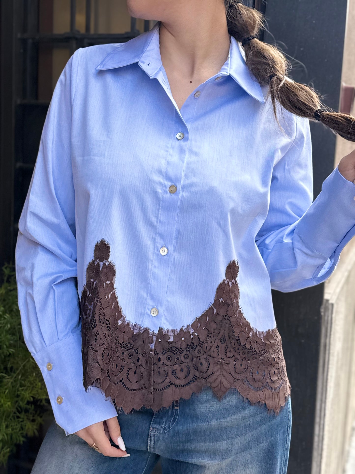 Tensione in Camicia oxford con pizzo CELESTE/MORO