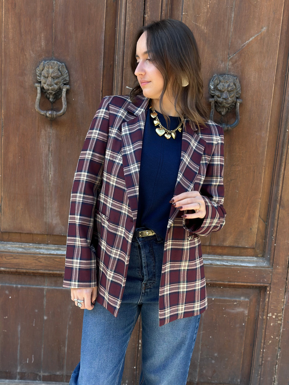 Haveone giacca monopetto a quadri AMARENA/BLU