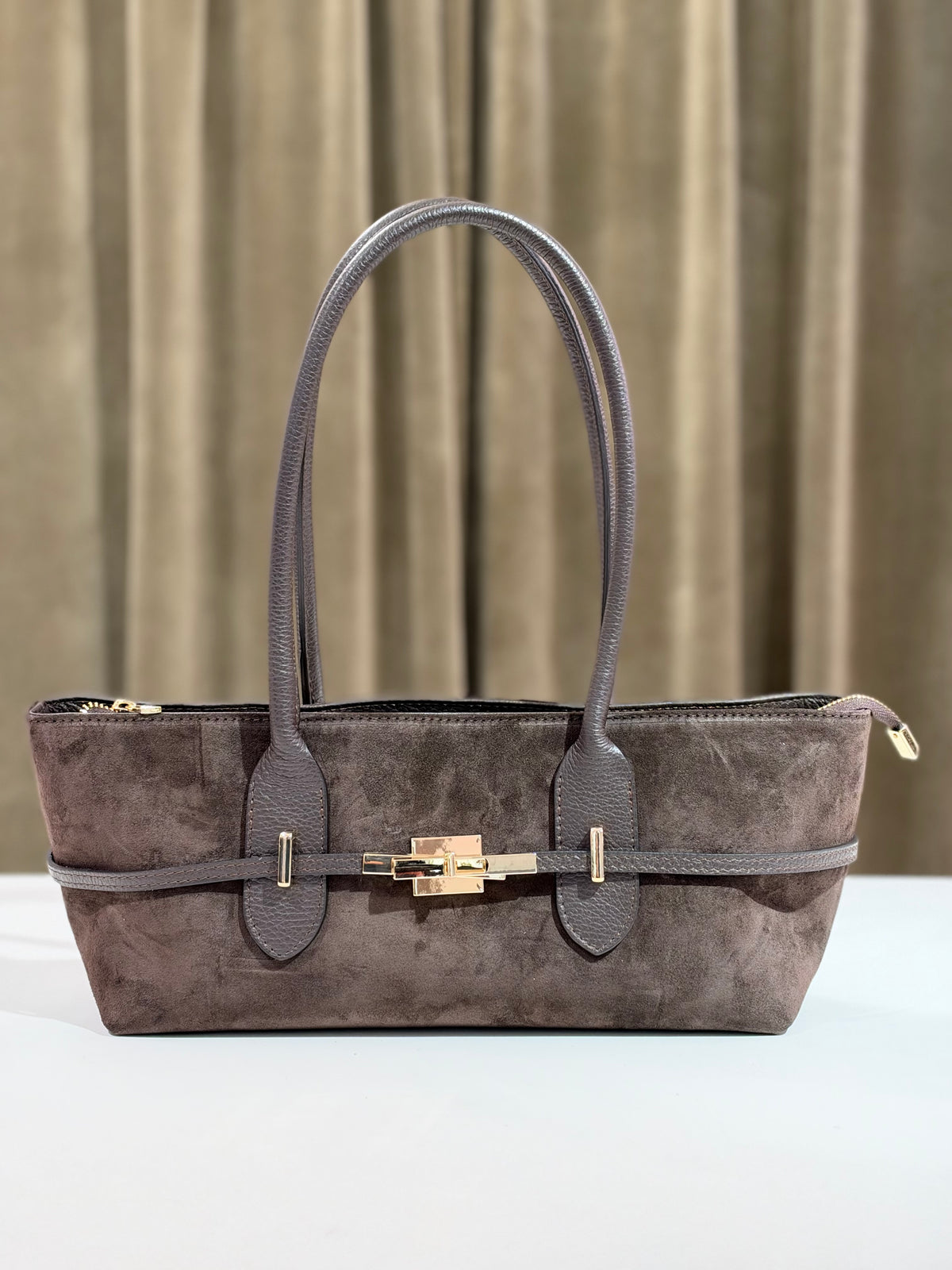 Borsa a spalla in camoscio e pelle PRUGNA e MORO