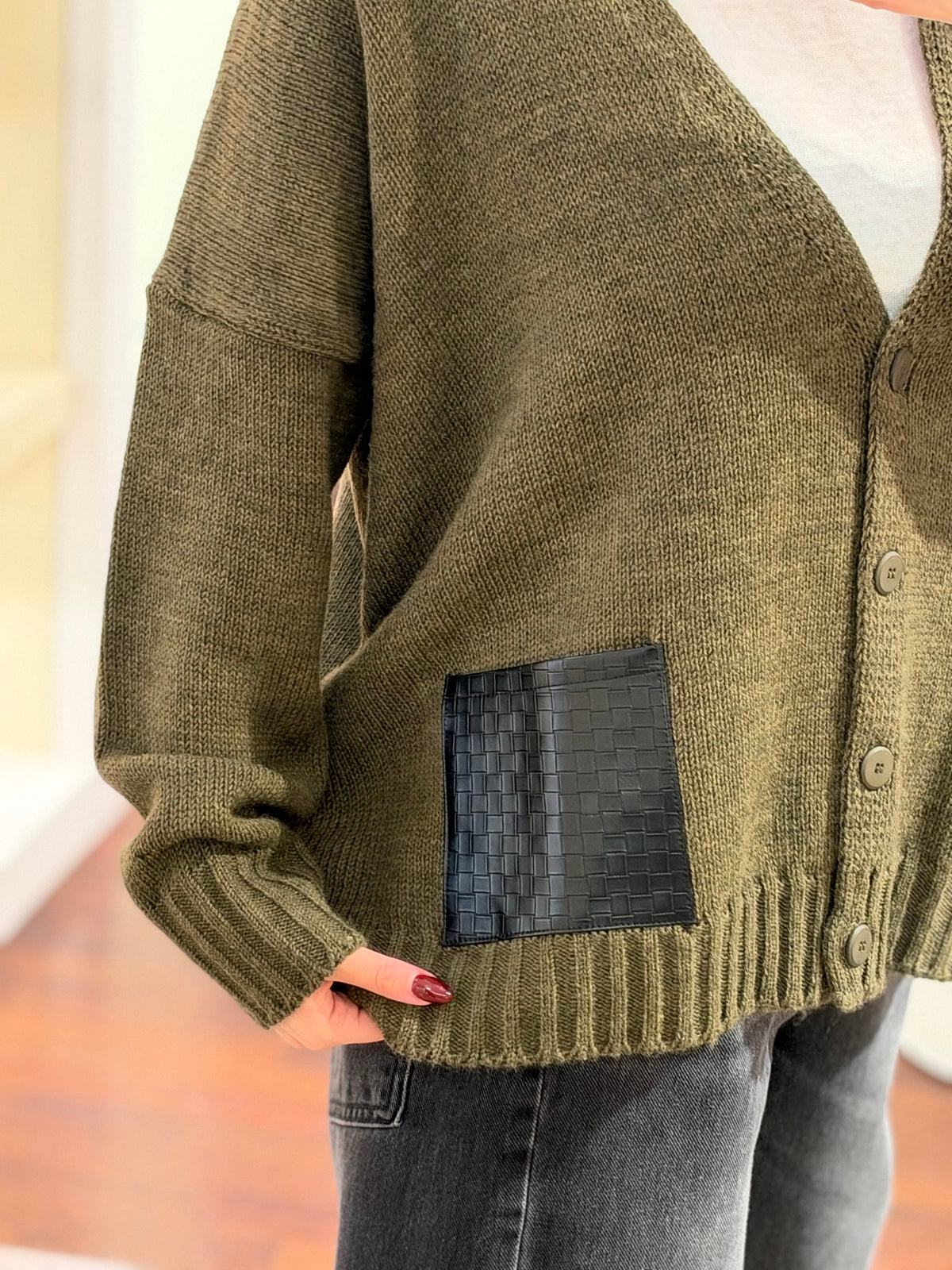 Haveone Cardigan con tasca in Ecopelle MILITARE/NERO