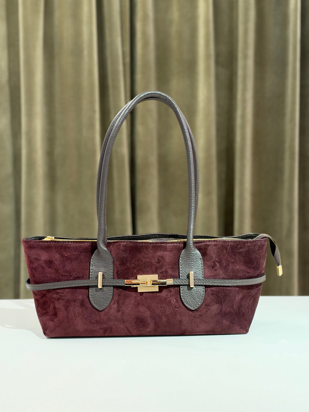 Borsa a spalla in camoscio e pelle PRUGNA e MORO