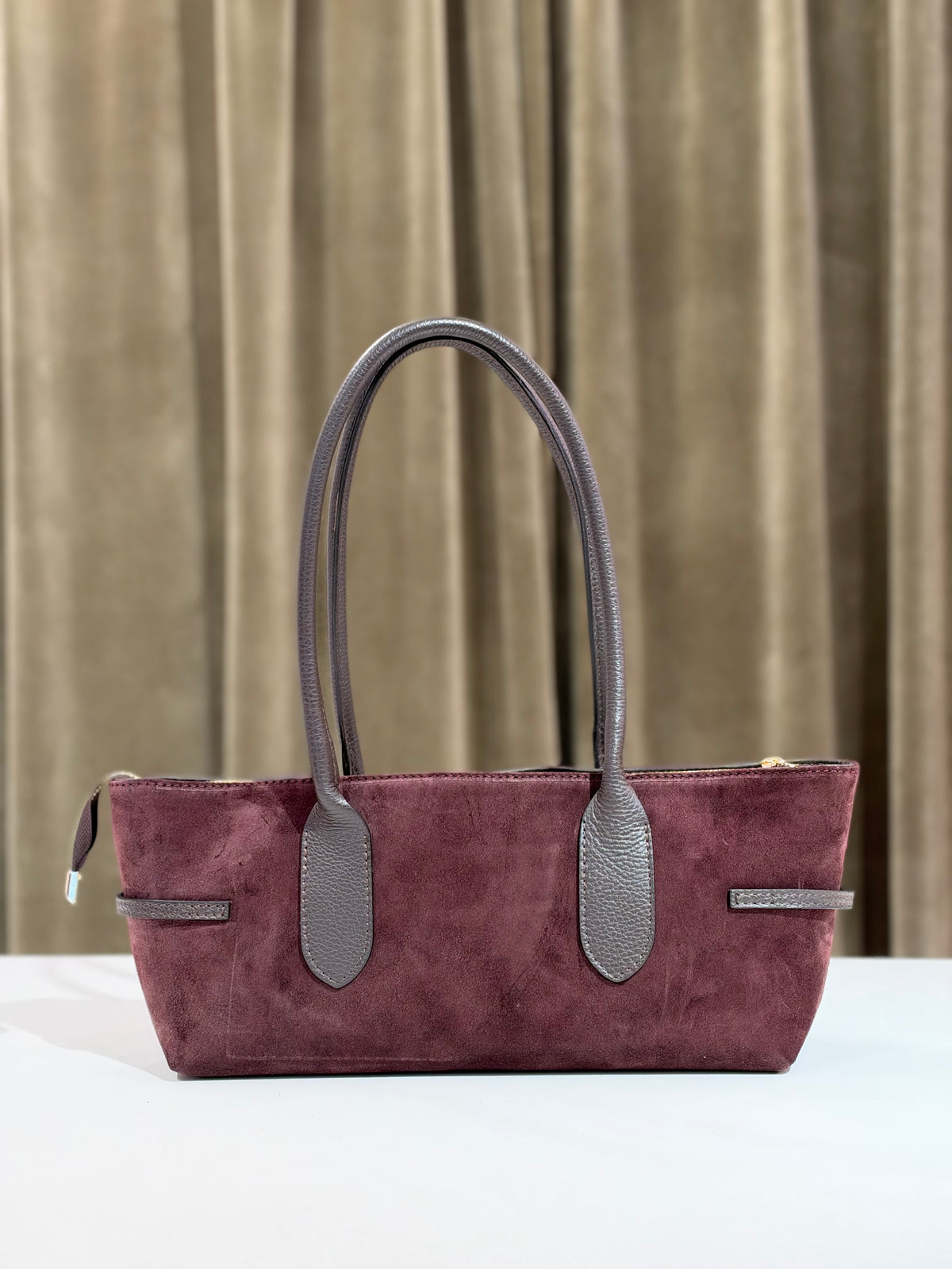 Borsa a spalla in camoscio e pelle PRUGNA e MORO