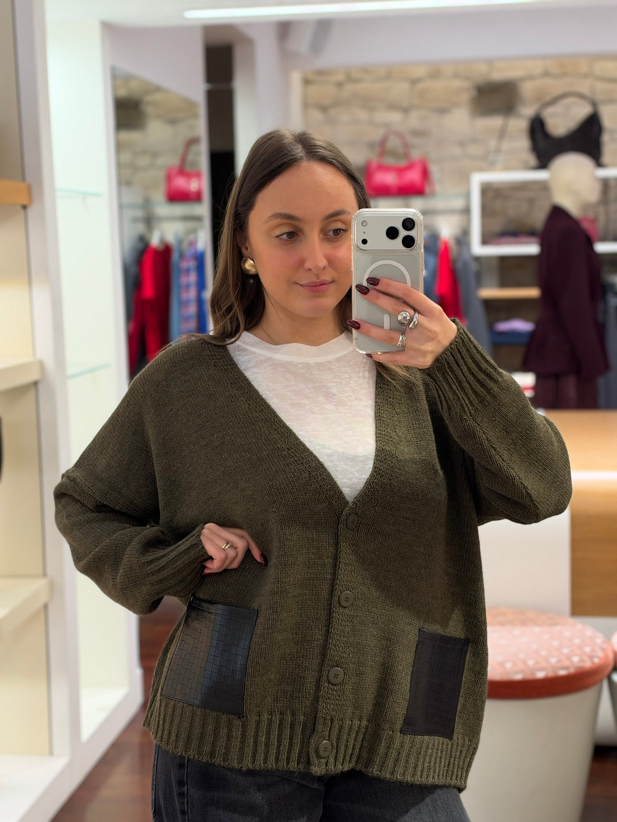 Haveone Cardigan con tasca in Ecopelle MILITARE/NERO