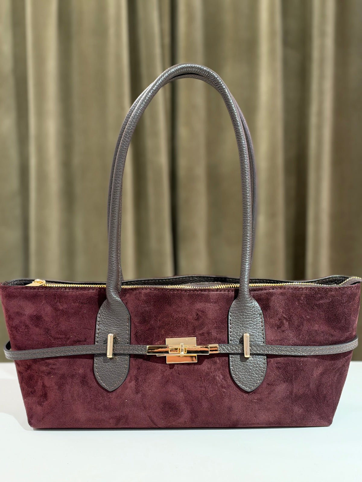 Borsa a spalla in camoscio e pelle PRUGNA e MORO